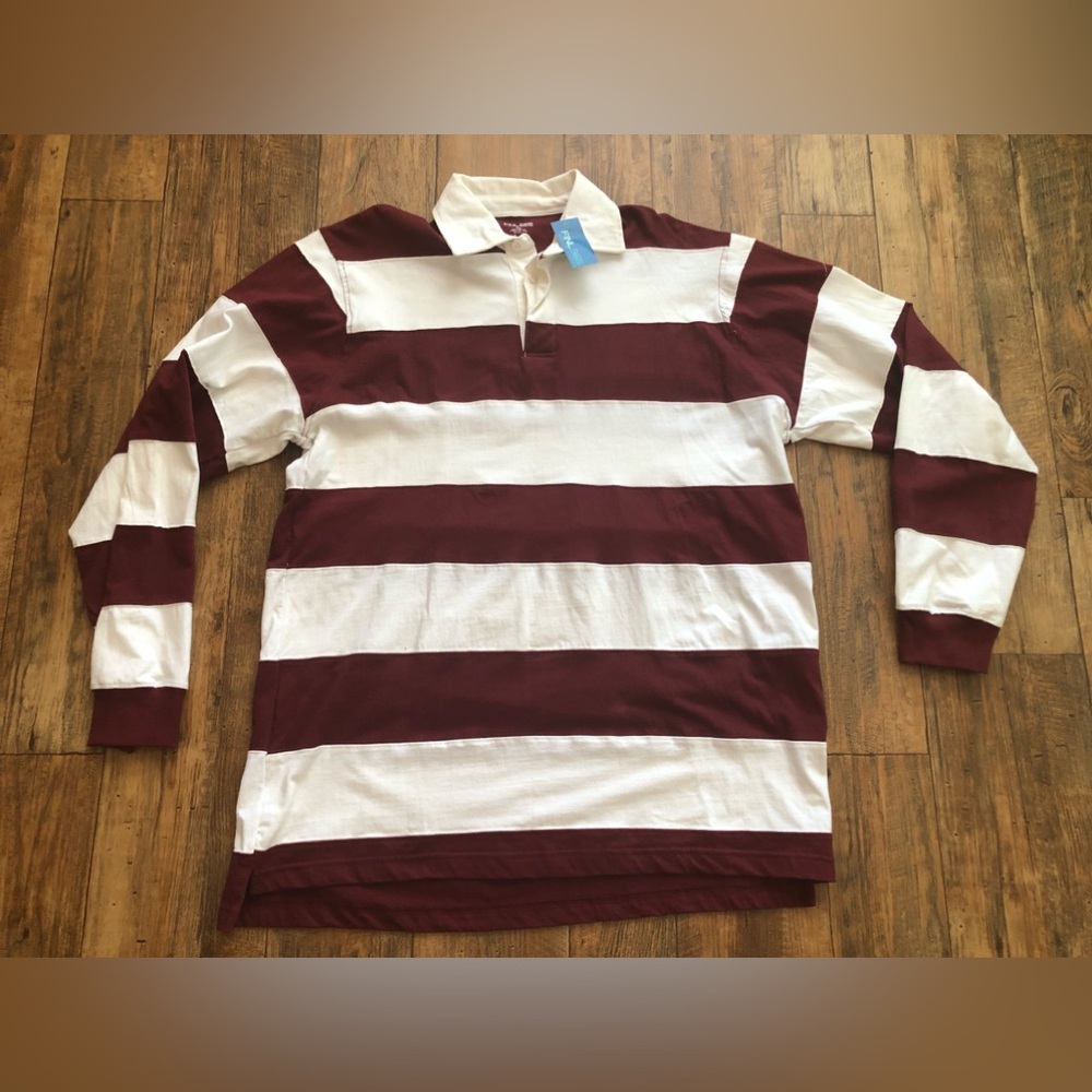 Mens FINL365 Long Sleeve Shirt 2XL Striped Polo Burgundy White Finish Athletics